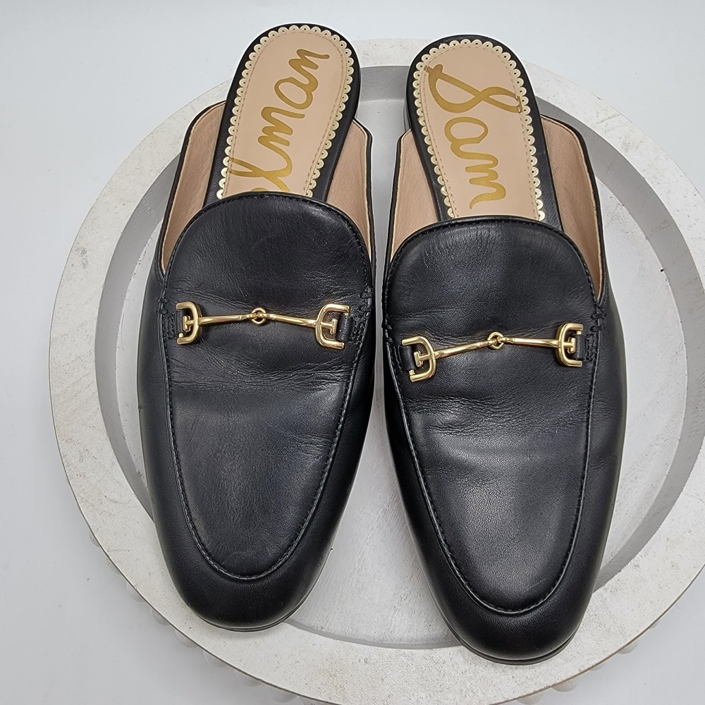 Sam Edelman Linnie Mule Womens 6.5 Black Leather Gold Horse Bit Slip On Shoes